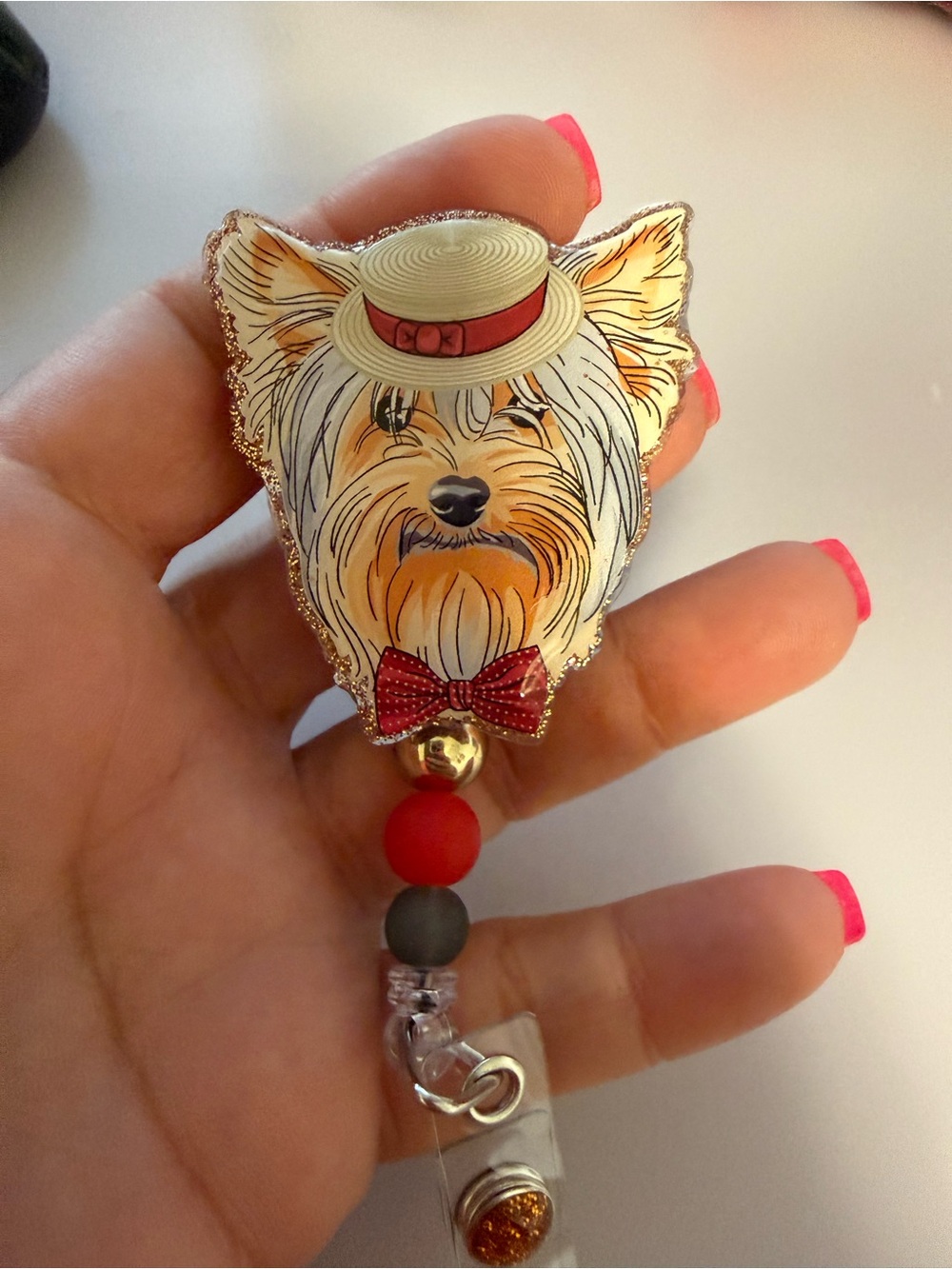 Dog Yorkie Badge Reel with Red Bowβ and Hat